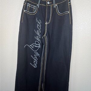 Baby Phat Black Wide-Leg Jeans with White Script Contrast stitching